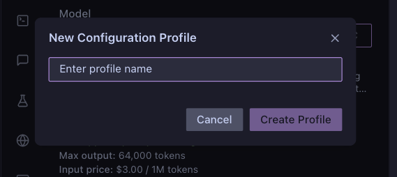 Creating a new profile dialog