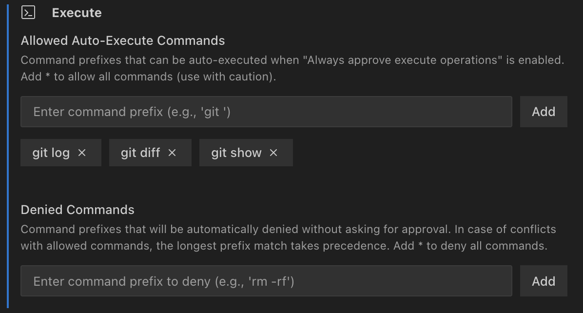 Command execution setting with whitelist interface