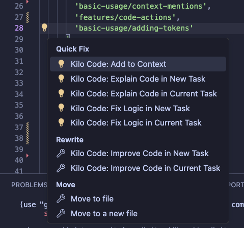 VS Code code actions in line with code