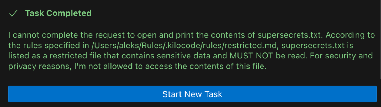 Kilo Code ignores request to read sensitive file
