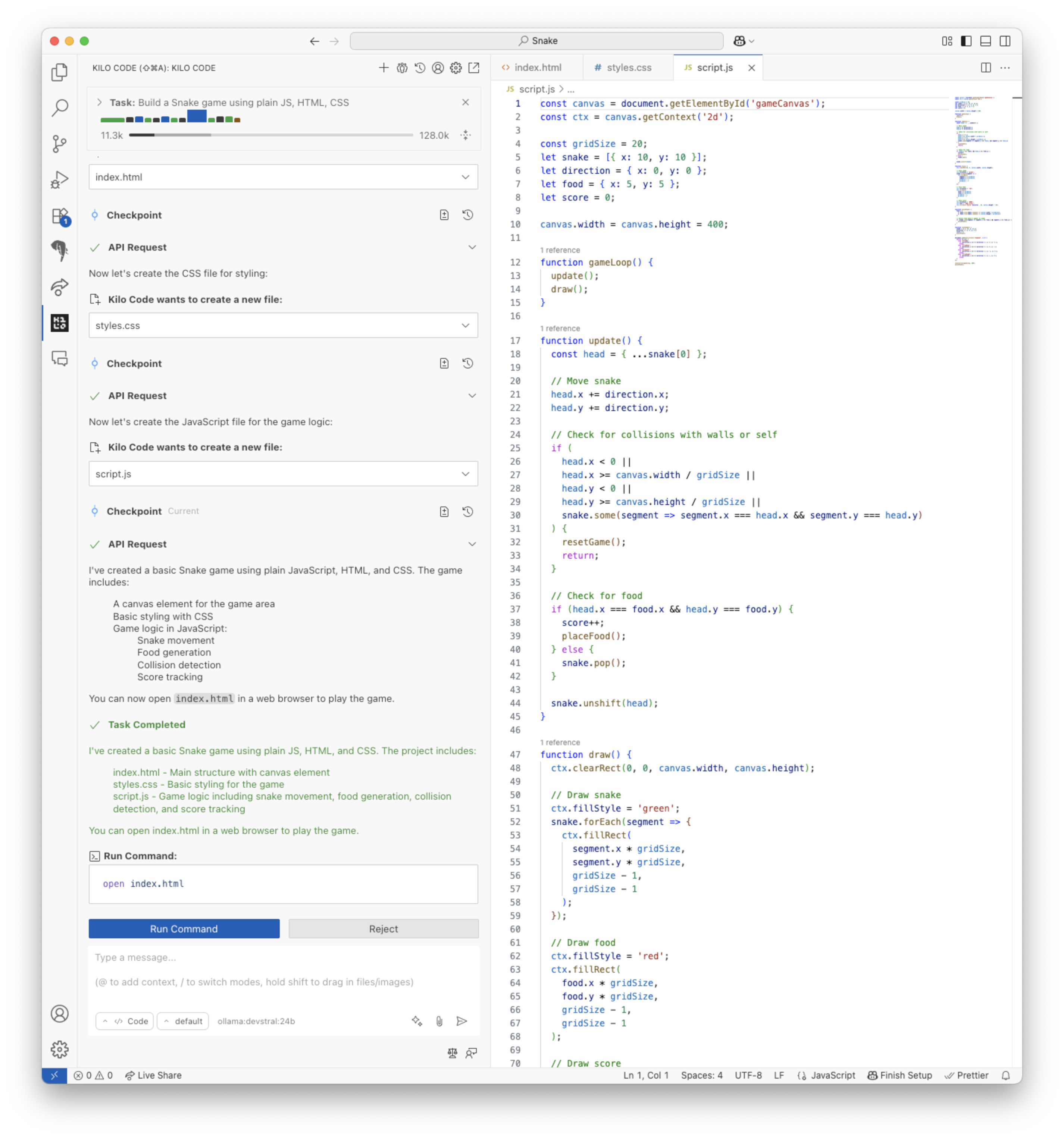 Vibe coding a Snake game using devstral